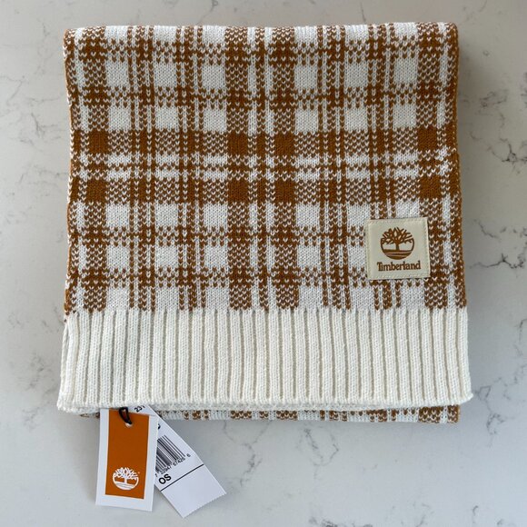 Timberland Cozy Casual Acrylic Knit Plaid Scarf Cream & Caramel Brown Sz OS NWT - Picture 5 of 11